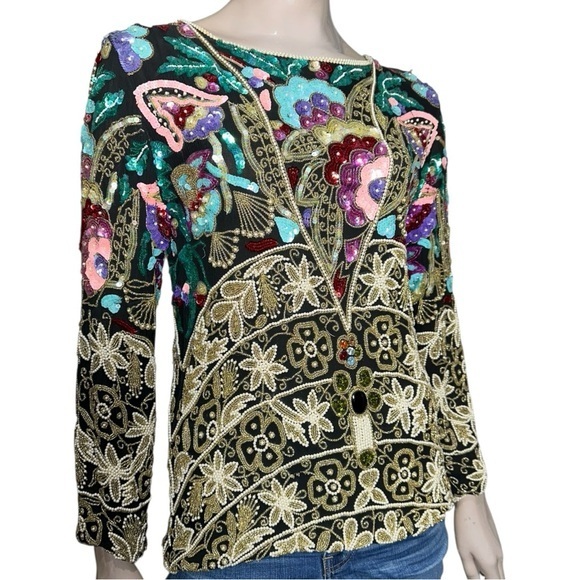 Saks Fifth Avenue Vintage Sz S Black Silk Floral Motif Sequin Beaded Top Blouse